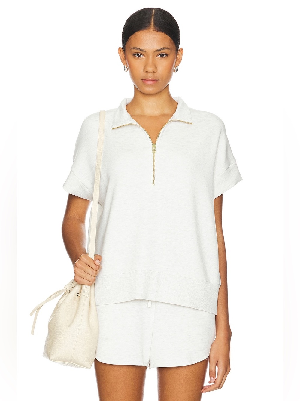 Varley Ritchie short sleeve sweatshirt ivory marl small active casual half zip